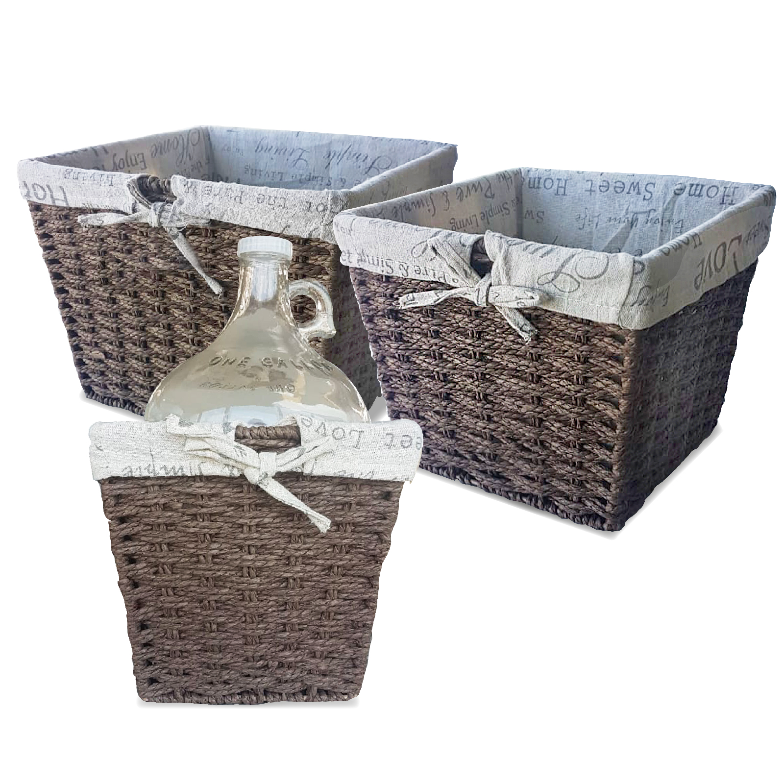 Set Of 3 Bamboo Storage Baskets Brown Bamboo With Printed Greige Fabric Nestable, SK093 